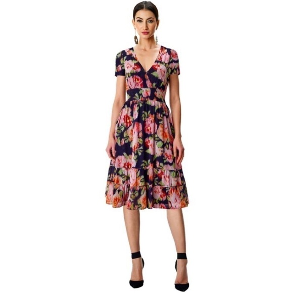 Wayward Fancies Floral Print Georgette Surplice Tiered Dress Pockets eShakti - Picture 1 of 12